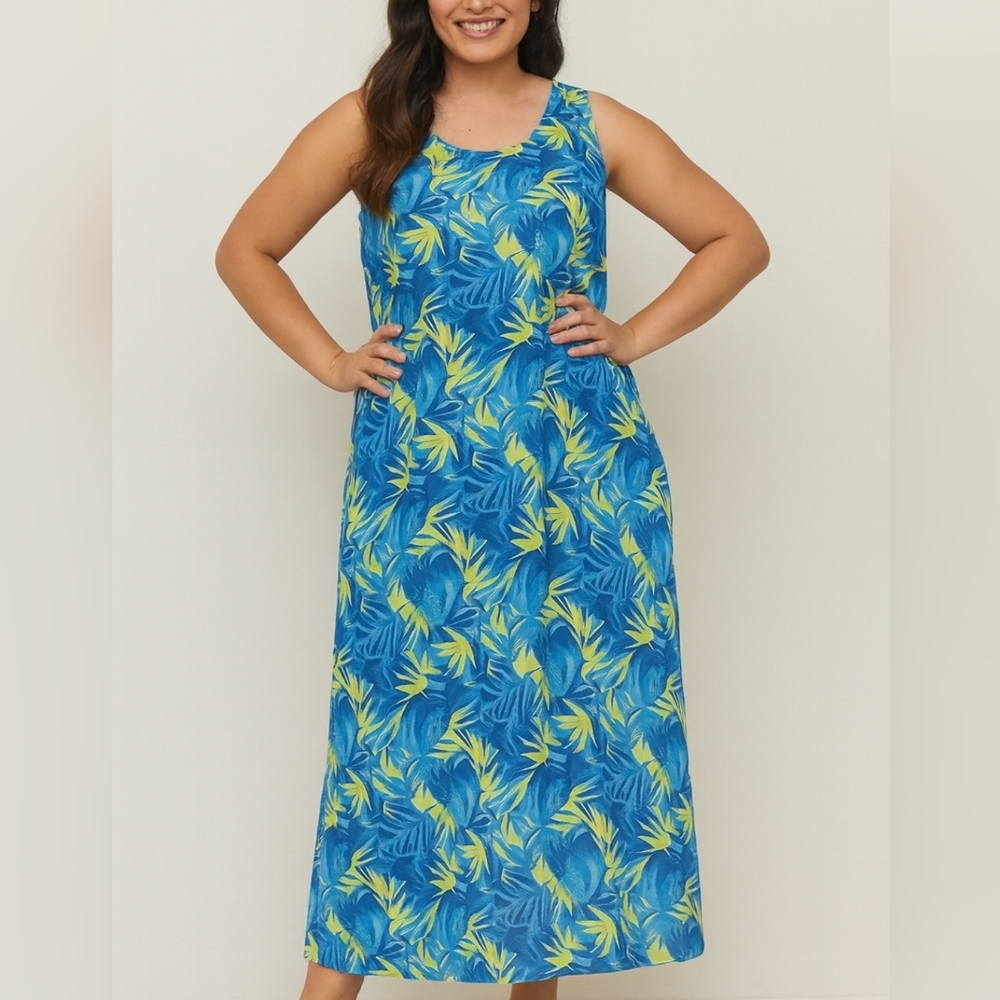 Vintage Cottage Cove tropical print maxi dress, size Large, cottagecore. EUC